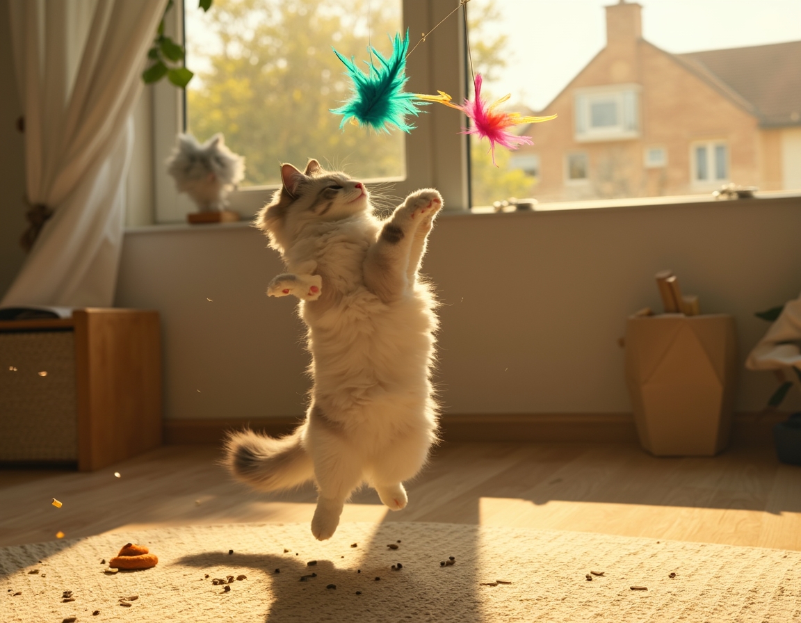 Cat leaps into the air, its paws reaching for a multicolored feather toy that flutters enticingly, bathed in golden sunlight in a cozy room.